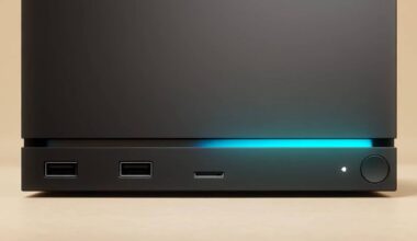 Close up of blue Steam Machine light bar with beige backdrop.