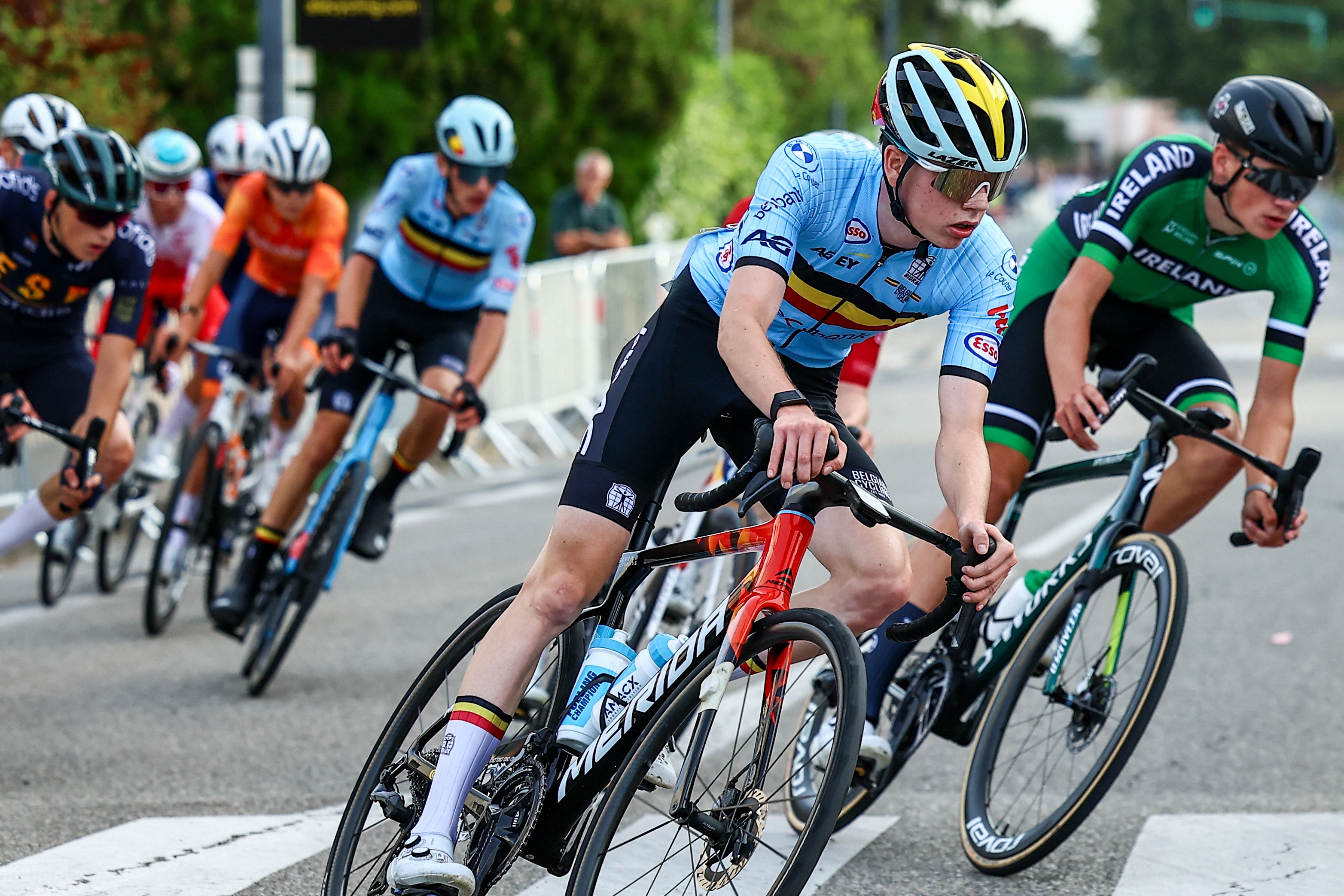 Belgium Leander De Gendt and Belgium Seff Van Kerckhove pictured in action during the Men Junior Road Race at the UEC road European cycling championships, a 103,4 km track in Loriol-sur-Drome, France on Friday 03 October 2025. The European cycling championships Drome-Ardeche takes place from 1 to 5 October, France. BELGA PHOTO DAVID PINTENS (Photo by DAVID PINTENS / BELGA MAG / Belga via AFP)