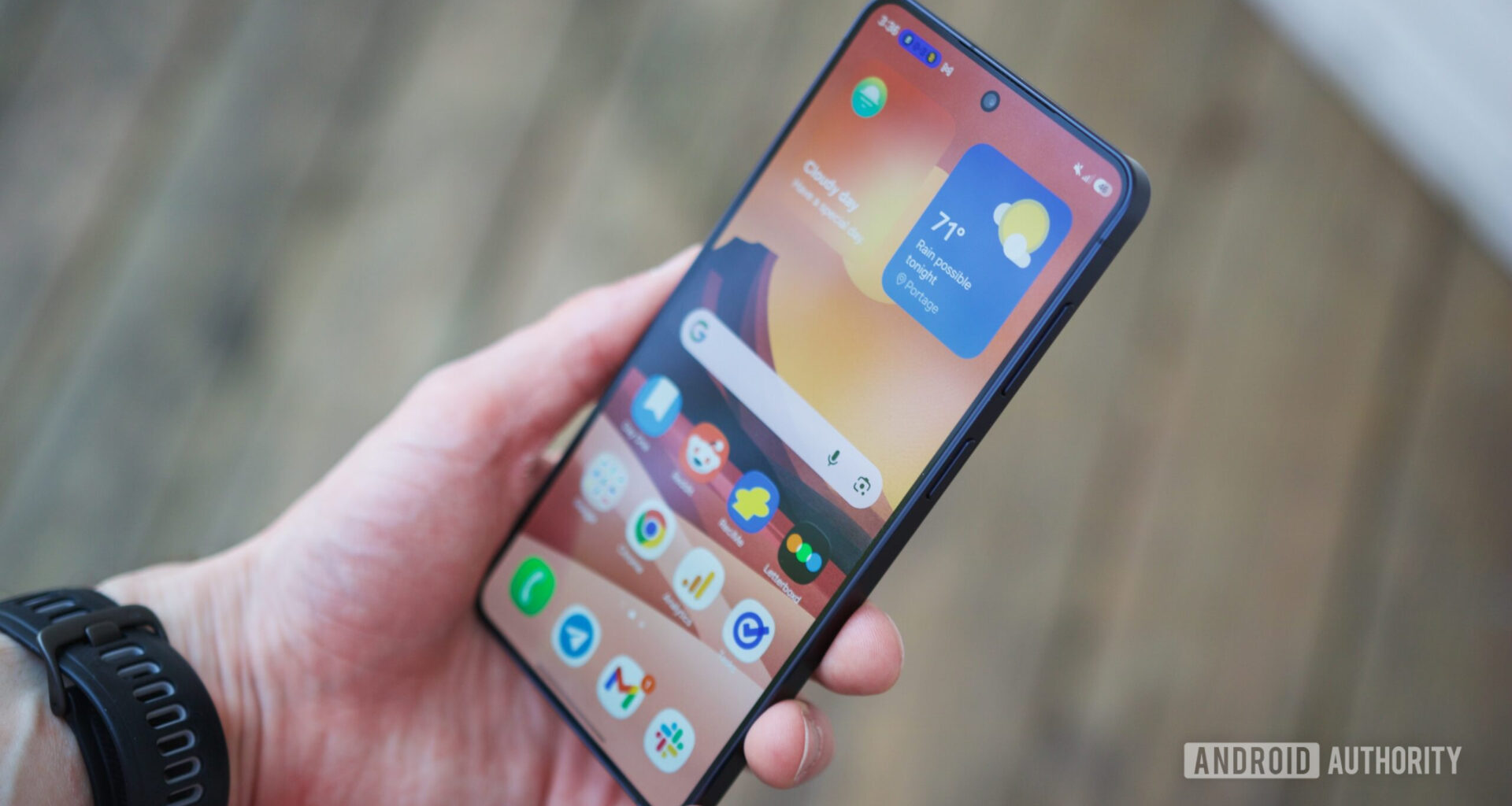 Samsung Galaxy S26 with its screen on, showing the home screen.