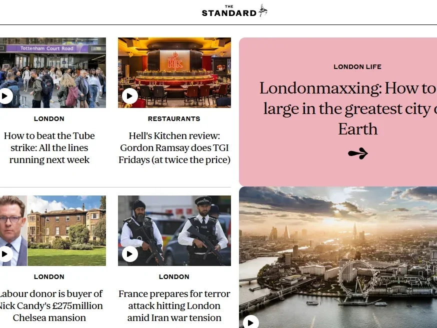 Standard website homepage with headlines including 'Londonmaxxing: How to go large in the greatest city on Earth' and 'How to beat the Tube strike'