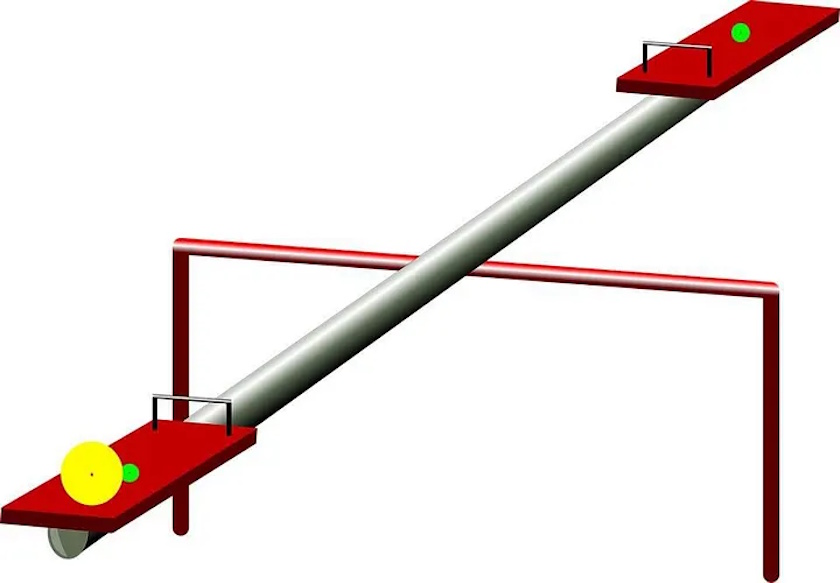 A balance beam with two red platforms at each end, each holding a yellow and a green ball like particles in the early universe, supported by a red frame.