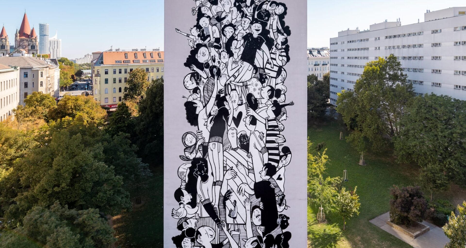 a mural by Alex Senna of a cartoonish, black-and-white composition of numerous figures grouped together on a pink background