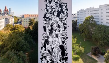 a mural by Alex Senna of a cartoonish, black-and-white composition of numerous figures grouped together on a pink background