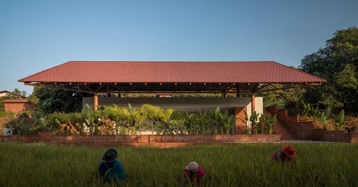 gabled roof floats over gathering pavilion’s brick plinths in india