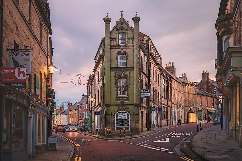 High Street in Old Town Alnwick, Northumberland, England.