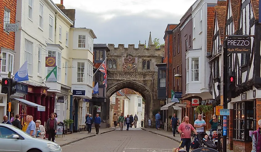 Buildings and people in downtown Salisbury, England.
