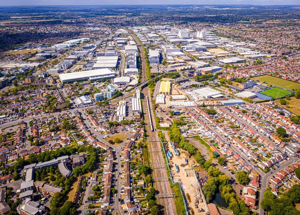 Drone image of Slough Trading Estate, one of Europe