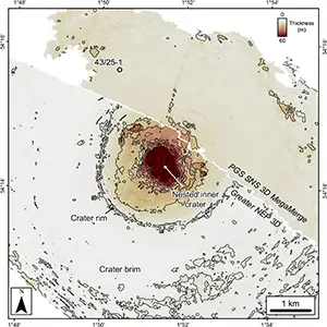 Silverpit asteroid impact crater thickness map between crater floor horizons CF1 and CF2. Credit: Nature Communications