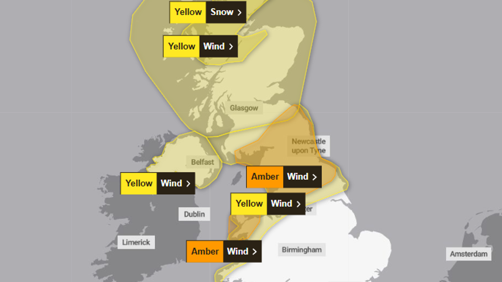 An amber weather warning for wind has been issued for parts of northern England, Scotland and Wales