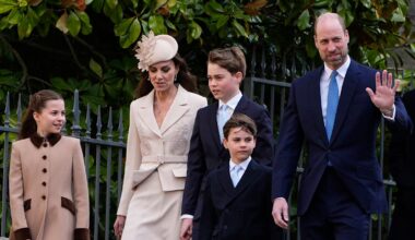 The Prince and Princess of Wales arrive with their children Prince George, Princess Charlotte and Prince Louis. Pic: PA