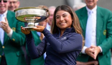 Maria Jose Marin, of Colombia, holds the trophy after winning the Augusta National Women's Amateur (AP Photo/David J. Phillip)