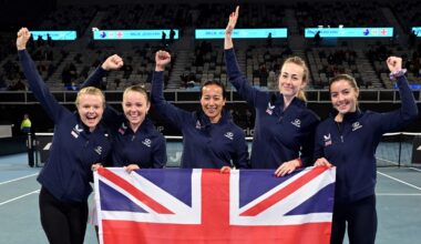 (L-R) Britain's Harriet Dart, Katie Swan, team captain Anne Keothavong, Mika Stojsavljevic and Jodie Burrage celebrate after winning the Bil