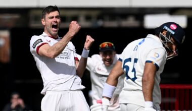 Lancashire captain James Anderson celebrates dismissing Derbyshire batter Anuj Dal