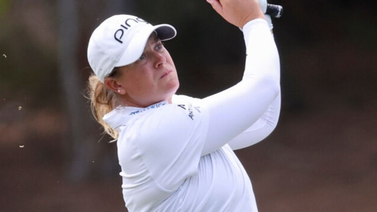 Lauren Coughlin hits an approach shot on the ninth hole during the first round of the Aramco Championship LPGA golf tournament, Thursday, April 2, 2026, in North Las Vegas. (AP Photo/Ian Maule)
