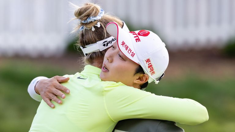 Nelly Korda (left) hugs Hyo Joo Kim (right) after the latter's victory at the Fortinet Founders Cup in 2026 (Associated Press)
