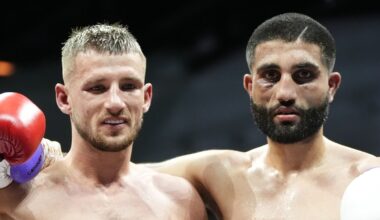 Rhys Edwards (left) and Gully Powar after their vacant British featherweight title bout resulted in a draw at the Utilita Arena Cardiff