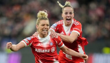 Bayern's Linda Dallmann, left, celebrates with Giulia Gwinn after she scores her side's second goal against Man Utd