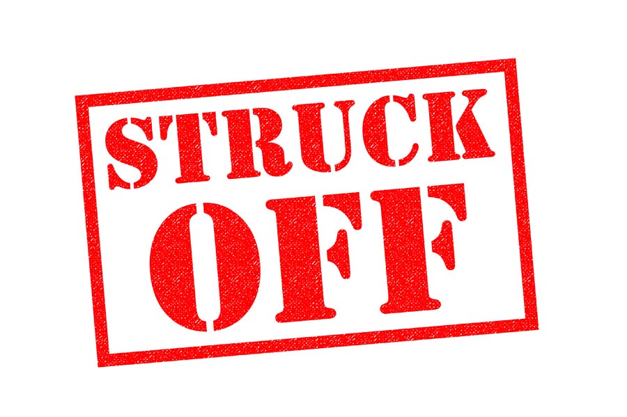 A red stamp with the words 'struck off'