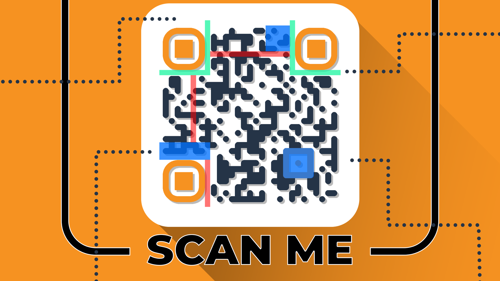 Stylized QR code with colored lines on an orange background and the text 'SCAN ME' below.