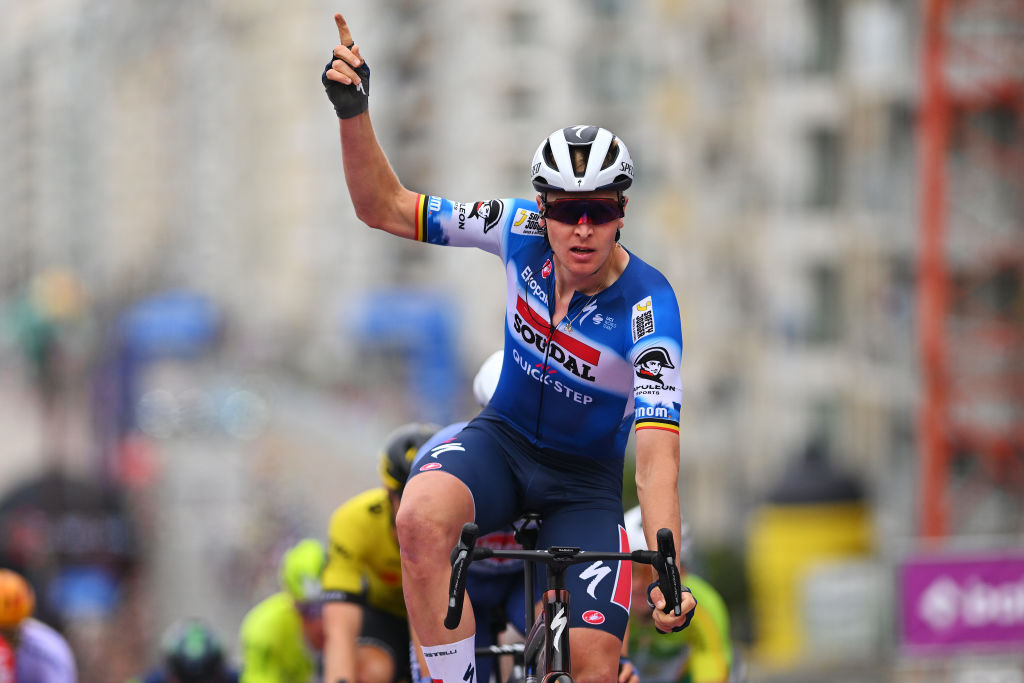 Tim Merlier of Belgium and Team Soudal Quick-Step celebrates at finish line as stage winner during the 93rd Baloise Belgium Tour 2024, Stage 2