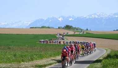 COSSONAY, SWITZERLAND - MAY 02: A general view of the peloton competing competes during the 78th Tour De Romandie 2025 - Stage 3 a 183.1km stage from Cossonay to Cossonay / #UCIWT / on May 02, 2025 in Cossonay, Switzerland. (Photo by Dario Belingheri/Getty Images)