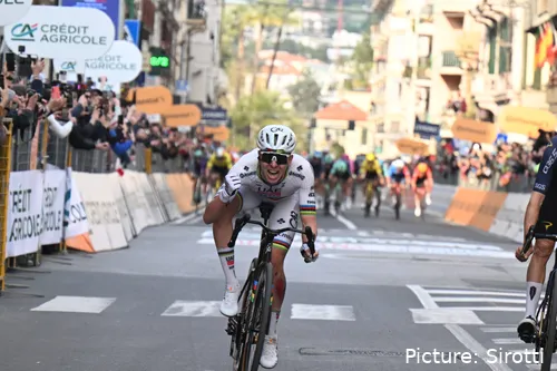 Tadej Pogacar crosses the line at Milano-Sanremo 2026