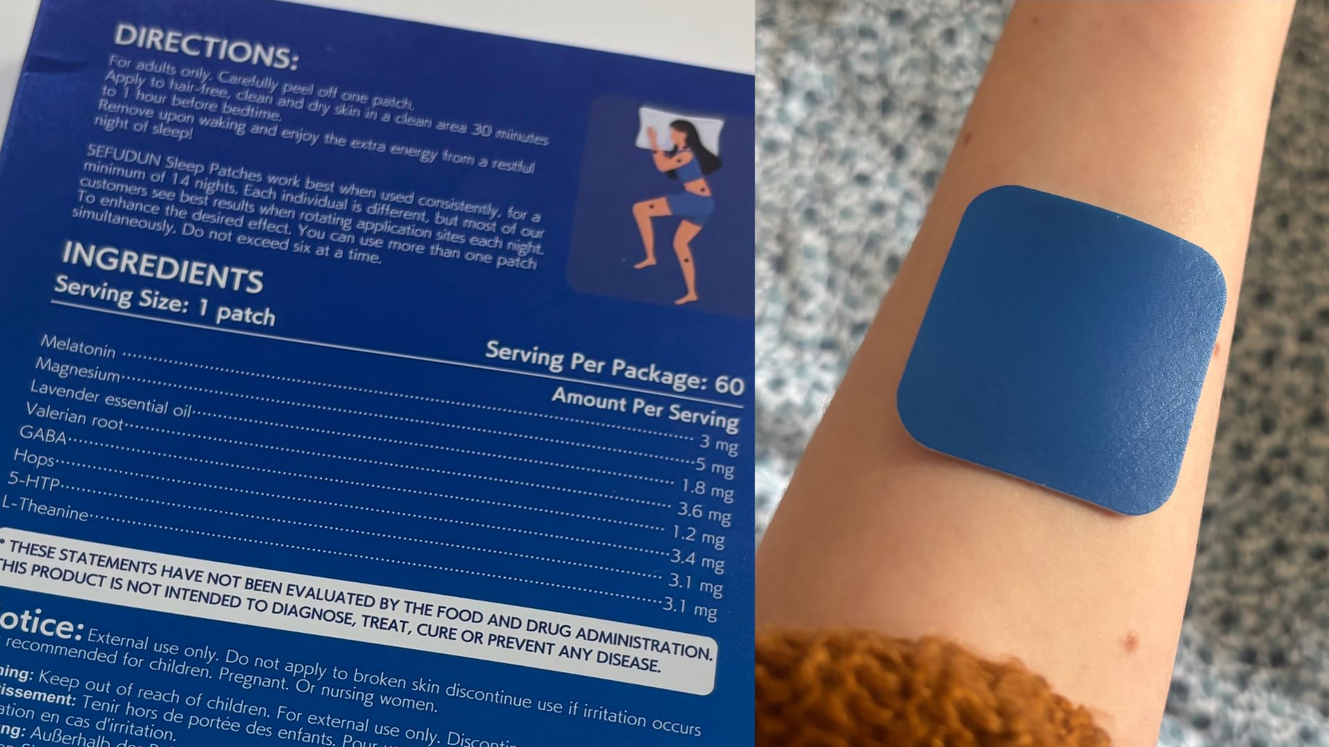 An image of a box of sleep patches, showing an ingredients list that contains magnesium. In the image, I wear one of the patches on my forearm.