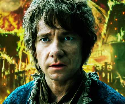 Martin Freeman as Bilbo Baggins in The Hobbit with an abstract background.