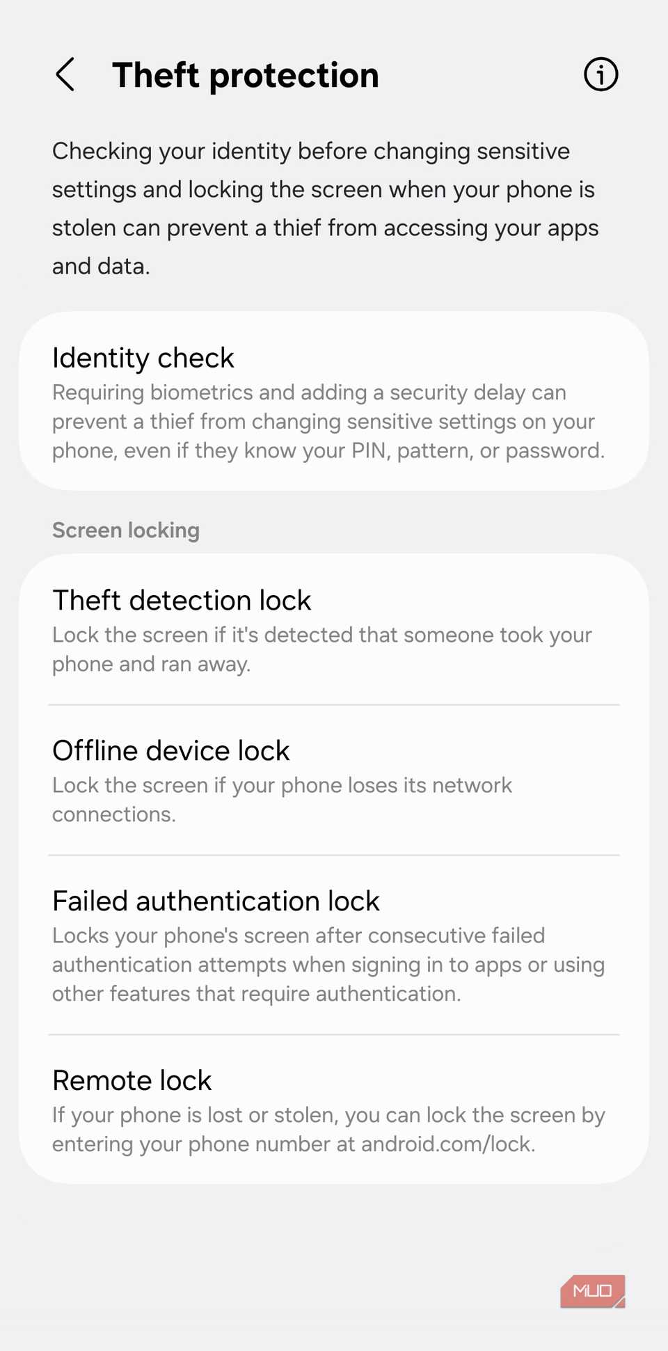 Theft protection menu on Samsung phone