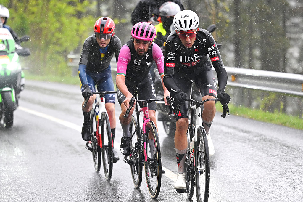 Mattias Skjelmose of Denmark and Team Lidl - Trek, Ben Healy of Ireland and Team EF Education - EasyPost and Marc Soler of Spain and UAE Team Emirates - XRG compete in the breakaway