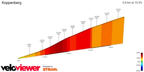 Koppenberg: 600 meters; 13.3%; 45.5Km to go