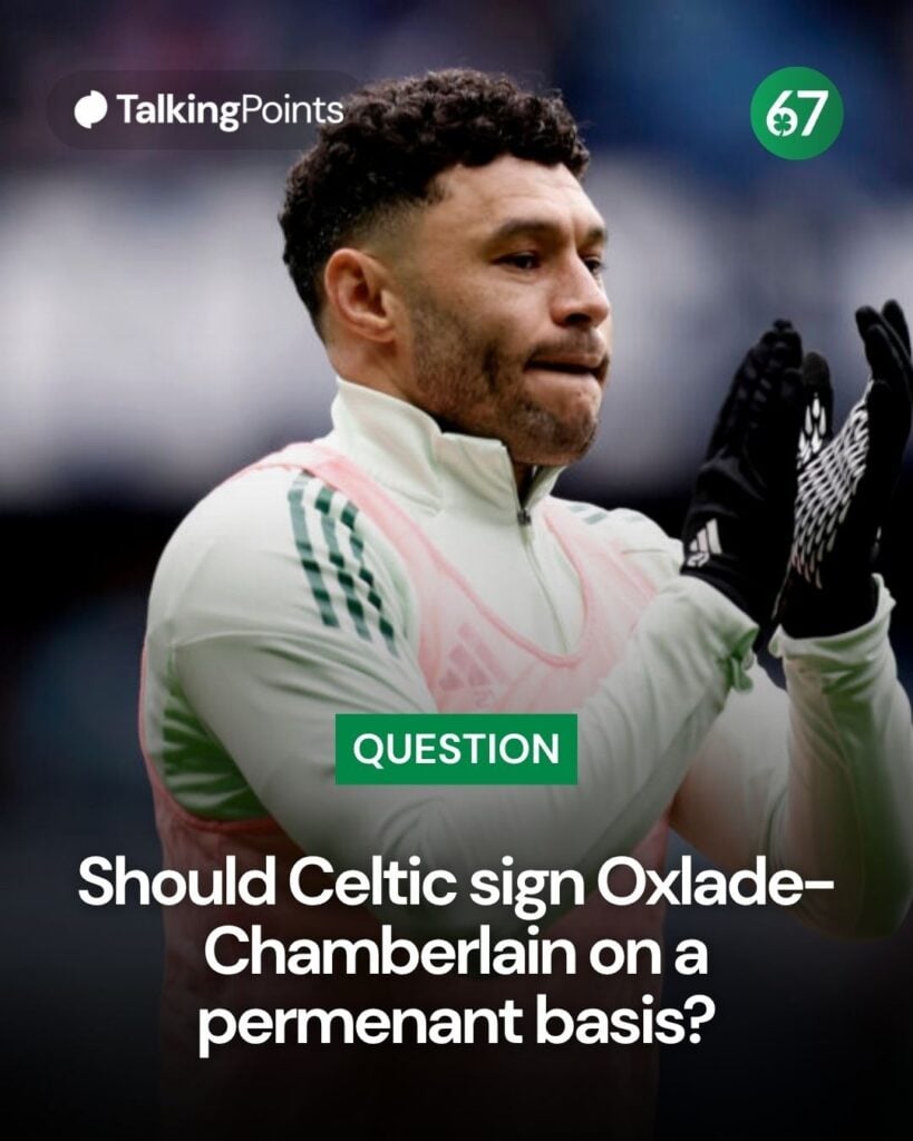 Alex Oxlade-Chamberlain of Celtic applauds the fans during the warm up prior to the William Hill Premiership match between Rangers and Celtic