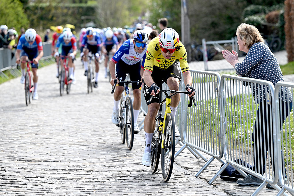 WAREGEM, BELGIUM - APRIL 01: Wout van Aert of Belgium and Team Visma | Lease a Bike attacks during the 80th Dwars Door Vlaanderen 2026 - Men&amp;apos;s Elite a 184.6km one day race from Roeselare to Waregem / #UCIWT / on April 01, 2026 in Waregem, Belgium. (Photo by Dario Belingheri/Getty Images)