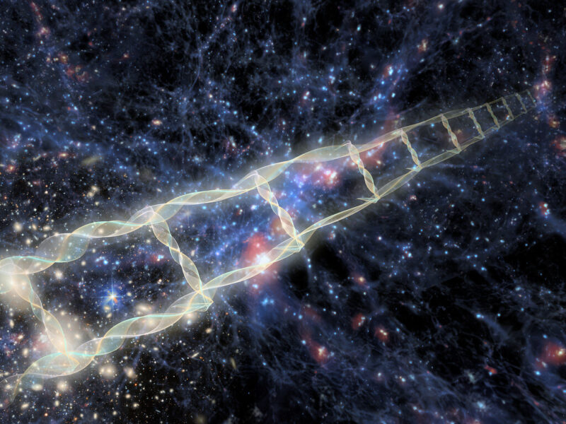 Universe’s expansion rate: Ghostly ladder of twisted light, going into the distance in front of a background of stars.