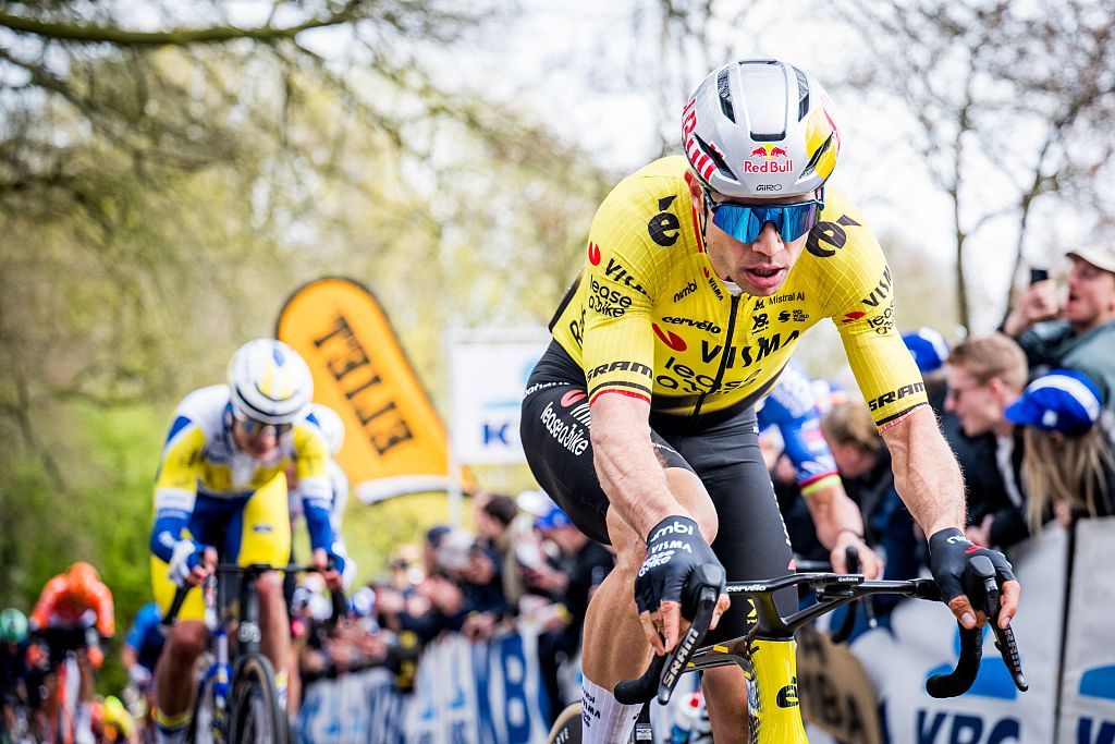 Belgian Wout van Aert of Team Visma-Lease a Bike pictured in action during the men elite 'Middelkerke-Wevelgem - In Flanders Fields' one day cycling race, 240.8 km from Middelkerke to Wevelgem, on Sunday 29 March 2026. BELGA PHOTO JASPER JACOBS (Photo by JASPER JACOBS / BELGA MAG / Belga via AFP)