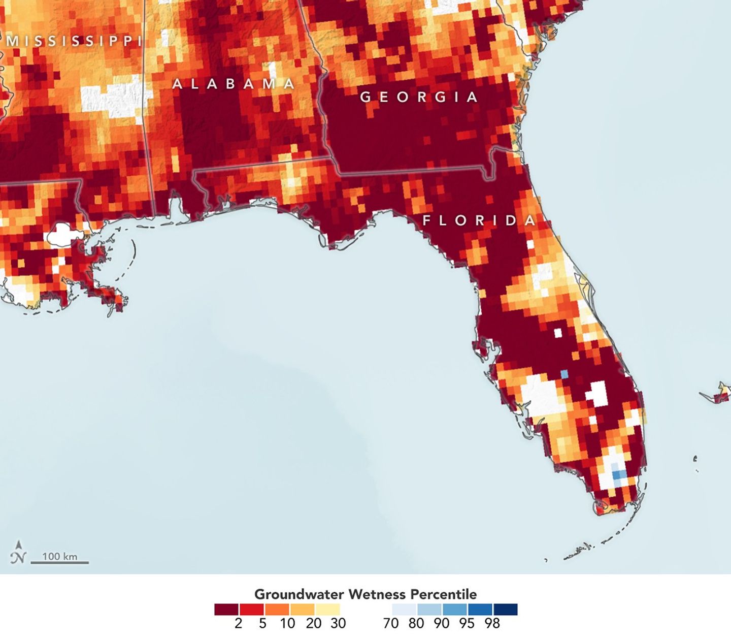 Map showing groundwater wetness in the U.S. Southeast. More regions are red, meaning they have less water in shallow aquifers than they had on average between 1948 and 2010.