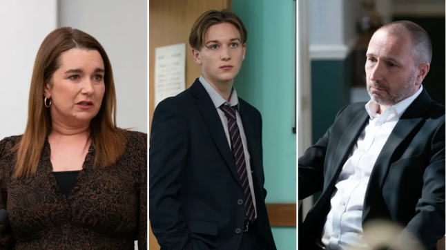 Three separate views of EastEnders characters Vicki Fowler, Joel and Ross Marshall dressed for court, all looking serious.