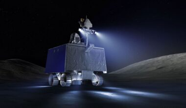 Artist's impression of NASA's  Volatiles Investigating Polar Exploration Rover (VIPER) concept. Credit: NASA/Daniel Rutter