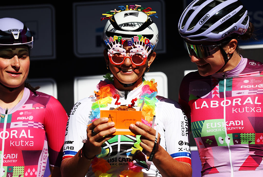 SCHOTEN, BELGIUM - APRIL 08: Catalina Anais Soto of Chile and Team Laboral Kutxa - Fundacion Euskadi celebrates her birthday prior to the 6th Scheldeprijs 2026, Women's Elite a 130.3km one day race from Schoten to Schoten / #UCIWWT / on April 08, 2026 in Schoten, Belgium. (Photo by Rhode Van Elsen/Getty Images)