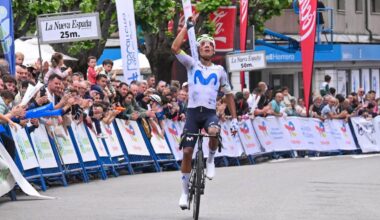 Nairo Quintana (Movistar) celebrates victory on stage 2 of the 2026 Vuelta Asturias Julio Alvarez Mendo
