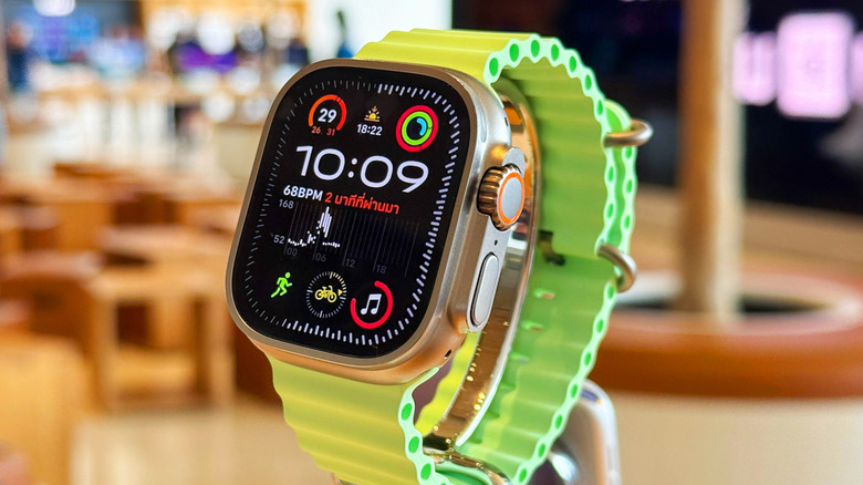 A Apple Watch Ultra with the display turned on.