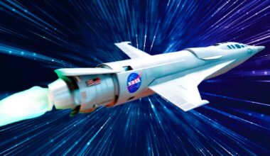 Concept illustration of a warp drive spacecraft bending space-time for faster-than-light travel