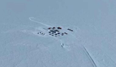Aerial view of a scientific drilling camp on the ice in West Antarctica where researchers extracted a record 228-meter rock core