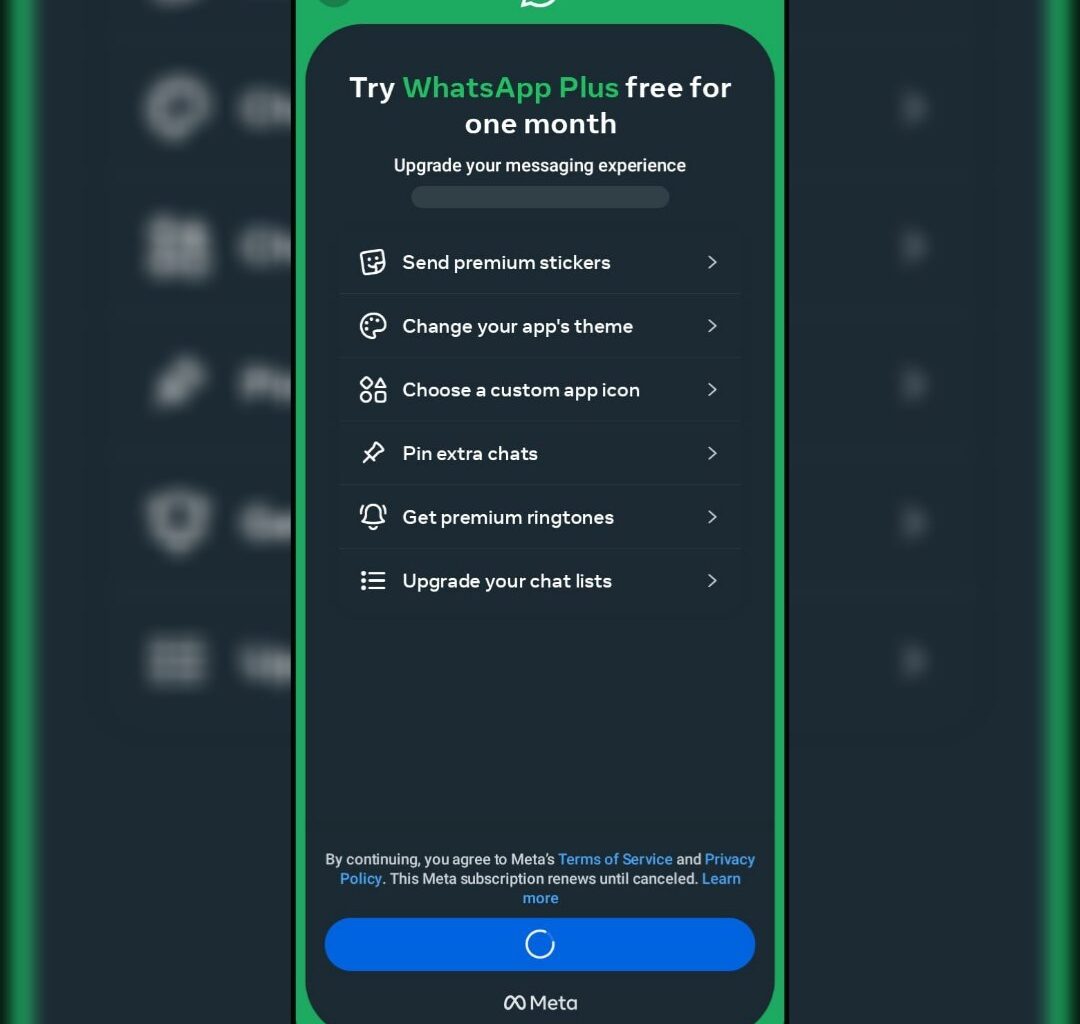 Promo modal for WhatsApp Plus upgrade listing features (premium stickers, themes, custom icon, extra chats, premium ringtones, upgraded chat lists) with a blue button
