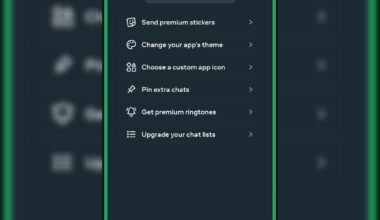 Promo modal for WhatsApp Plus upgrade listing features (premium stickers, themes, custom icon, extra chats, premium ringtones, upgraded chat lists) with a blue button