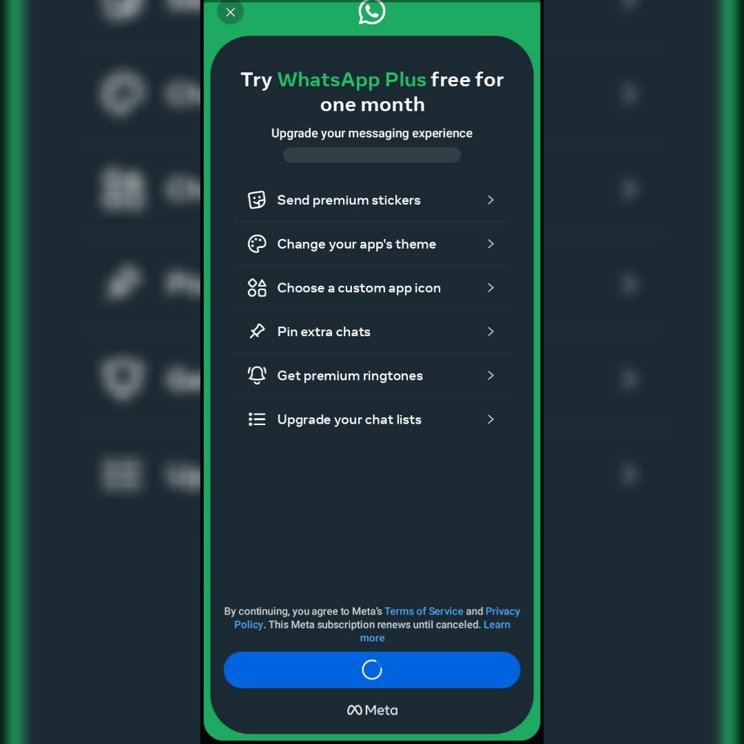 Promo modal for WhatsApp Plus upgrade listing features (premium stickers, themes, custom icon, extra chats, premium ringtones, upgraded chat lists) with a blue button