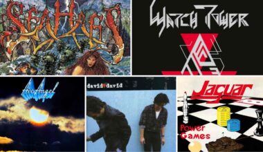A montage of album covers featuring Sea Hags, Watchtower, Arc Angel, David + David and Jaguar