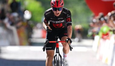 TRENTO, ITALY - APRIL 23: Lennart Jasch of Germany and Team Tudor Pro Cycling celebrates at finish line as stage winner during the 48th Tour of the Alps 2026, Stage 4 a 167.8km stage from Arco to Trento on April 23, 2026 in Trento, Italy. (Photo by Tim de Waele/Getty Images)