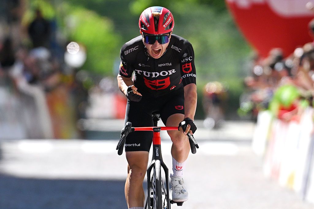 TRENTO, ITALY - APRIL 23: Lennart Jasch of Germany and Team Tudor Pro Cycling celebrates at finish line as stage winner during the 48th Tour of the Alps 2026, Stage 4 a 167.8km stage from Arco to Trento on April 23, 2026 in Trento, Italy. (Photo by Tim de Waele/Getty Images)