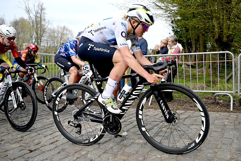 WAREGEM, BELGIUM - APRIL 01: Cat Ferguson of Great Britain and Team Movistar competes during the 14th Dwars door Vlaanderen 2026 - Women's Elite a 128.8km one day race from Waregem to Waregem / #UCIWWT / on April 01, 2026 in Waregem, Belgium. (Photo by Luc Claessen/Getty Images)